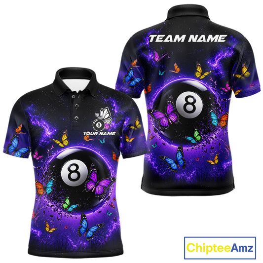 Purple Light 8 Ball Billiard Polo Shirt For Men, Butterfly Pool Team Jersey, Colorful Billiards Apparel, Personalized Pool League Shirt