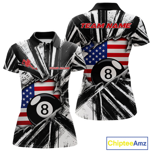 Black White Grunge Torn US Flag Women's Billiard Polo Shirt Custom 8 Ball Pool Jersey