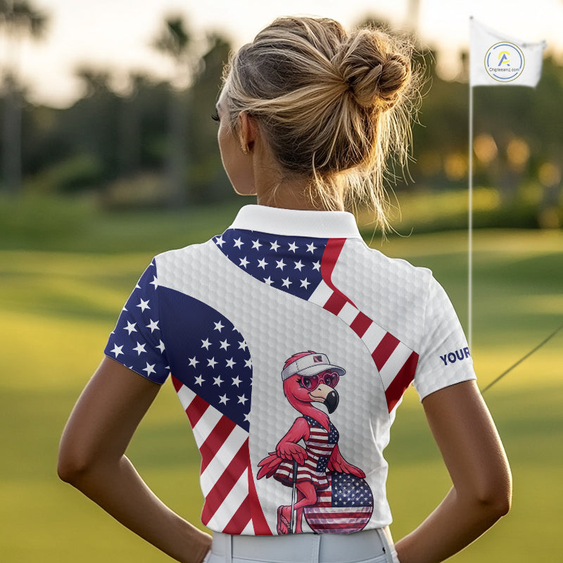 Flamingo Custom Name White American Flag Patriotic Golf Womens Polo Shirt, Flamingo Golf Clothing For Womens NYN2960