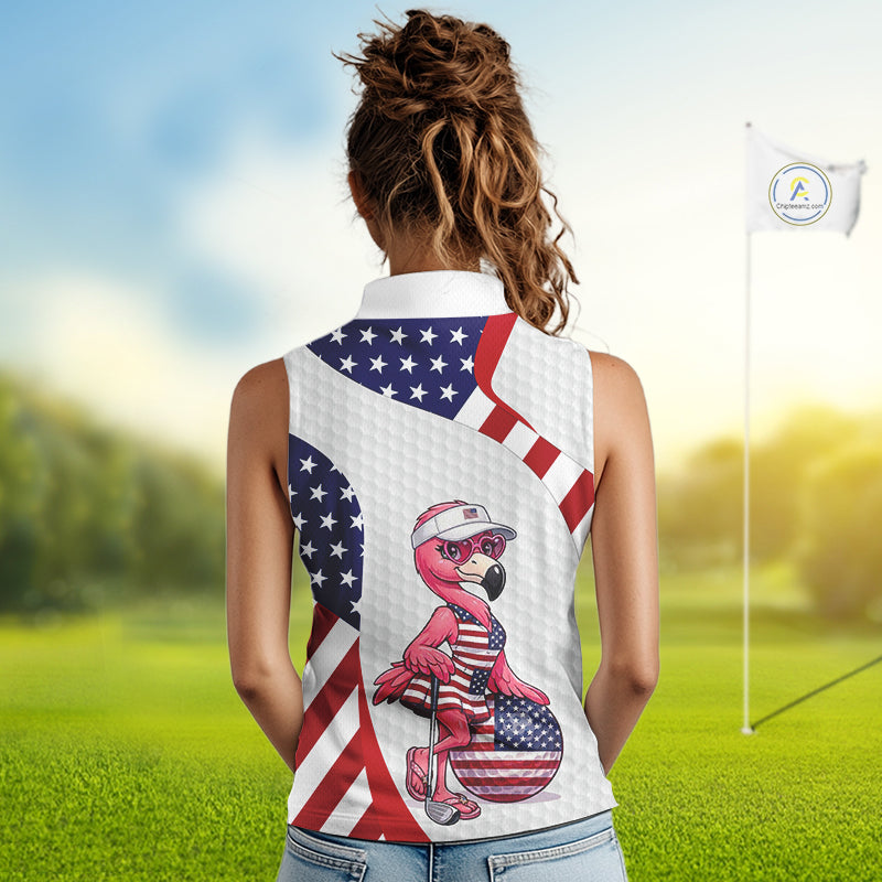 Flamingo Custom Name White American Flag Patriotic Golf Womens Sleeveless Polo Shirt, Flamingo Golf Clothing For Womens NYN2960