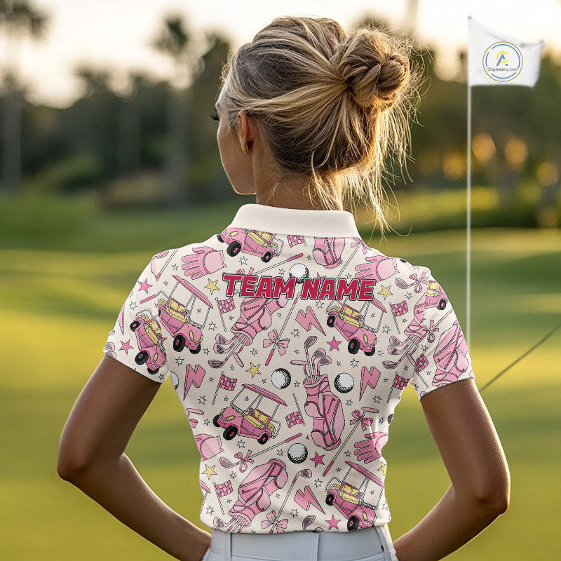 Female golfer wearing custom pink golf polo with golf clubs, stylish ladies golf apparel for tournaments, golf resorts and golf club events, representing confidence and friendship.