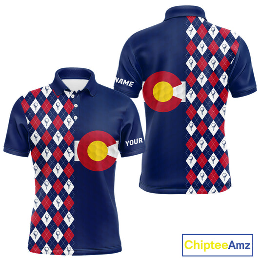 Men's golf polo featuring Colorado flag with classic golf ball argyle pattern, personalized golf apparel for mountain golf courses, golf vacations, outdoor enthusiasts and Colorado state pride, symbolizing adventure and heritage.