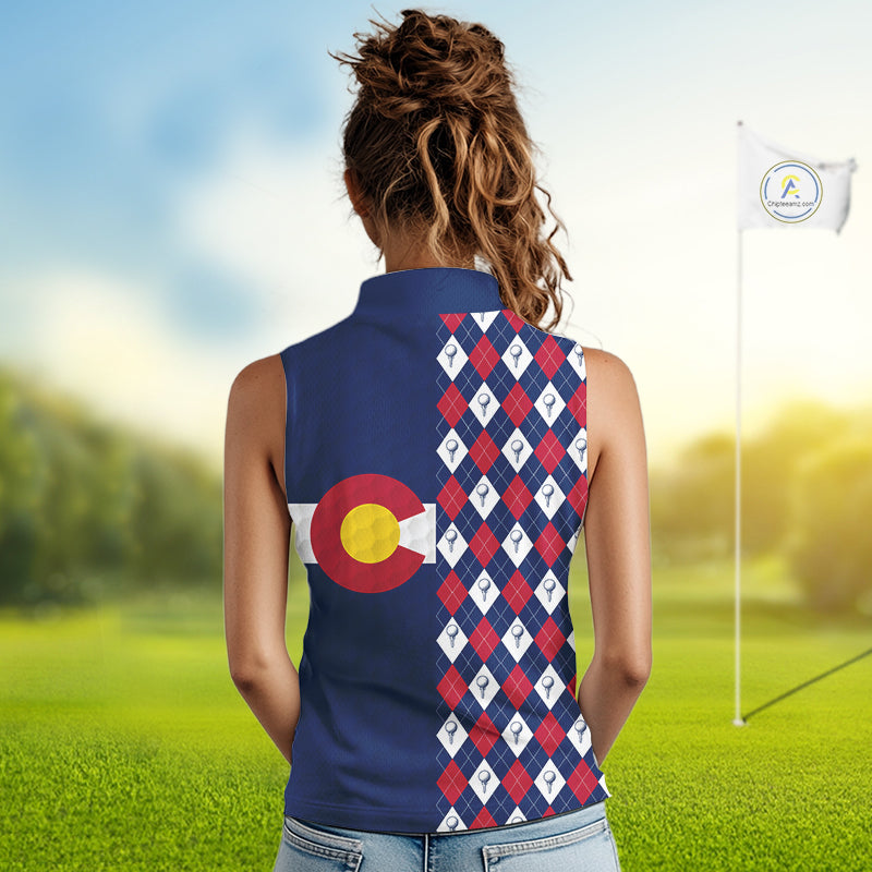 Female golfer wearing Colorado patriotic golf polo at country club, stylish golf apparel for tournaments and mountain golf trips.