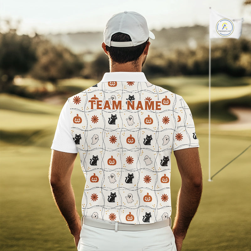 Male golfer wearing Funny Cat Halloween golf polo, golf tournament apparel, custom golf uniform, golf outing clothing