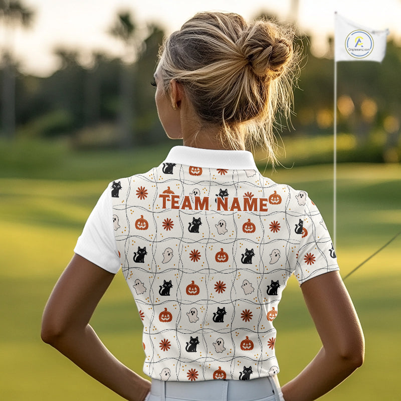 Female golfer wearing Funny Cat Halloween golf polo, personalized golf apparel, golf league fashion, spooky golf outfit