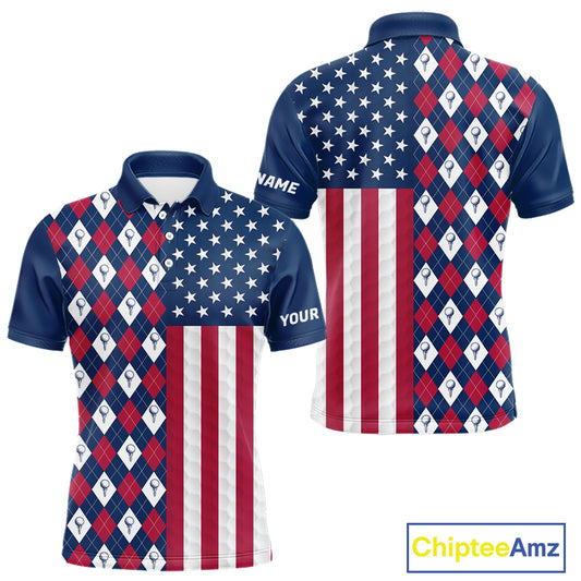 Mens American flag golf polo shirt custom golf ball argyle patriotic golf polo