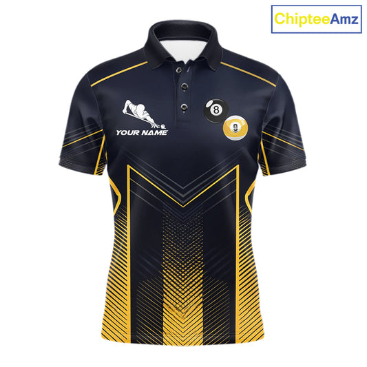 Men's billiard polo featuring yellow lightning, Yin Yang artwork with 8 ball and 9 ball graphics, personalized pool apparel for APA leagues, Zen lifestyle enthusiasts and tournament players, symbolizing balance, focus and precision.