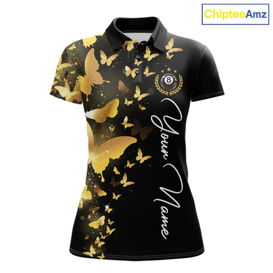 Women's billiard polo featuring funny butterfly, yellow lightning and glowing 8 ball graphics, personalized performance pool apparel for APA leagues, BCA tournaments, butterfly lovers, fantasy art fans and custom billiard teams, symbolizing transformation, optimism, energy and competitive excellence.