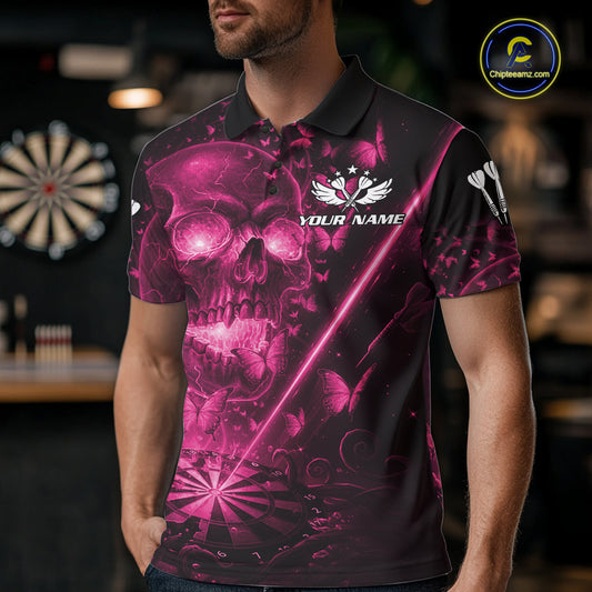 Lightning Pink Butterflies Skull Dartboard Custom Men Darts Polo Shirt Dart Jerseys NYN2355