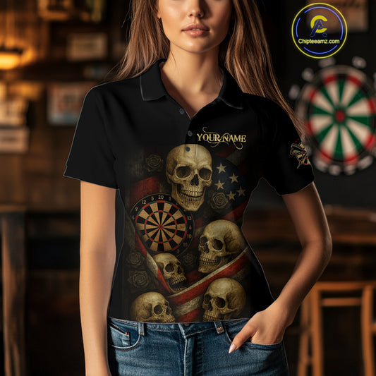 Custom Grunge Skull Dartboard Patriotic Dart Women Polo Shirt US Flag Dart Jerseys NYN1562