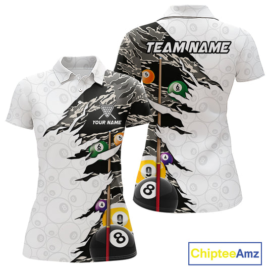 8 Ball 9 Ball Billiard Cue Shirt For Women Custom Grey Camo Pool Team Jersey