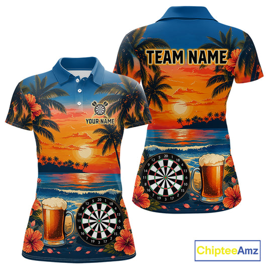Funny Beer & Dartboard women's darts polo featuring tropical sunset, beer glass and dartboard graphics, custom darts team jersey, pub league apparel, steel tip & soft tip darts shirt, personalized tournament polo, vacation sportswear, moisture-wicking performance uniform