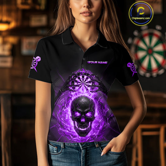 Custom Purple Flames Skull Broken Glass Women Darts Polo Shirt Outfits Dart Jerseys NYN1904