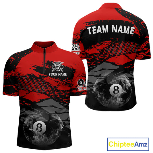 Black & Red Grunge 8 Ball Pool Men Billiard Polo & 1/4-Zip Jersey Custom Billiard Shirt Designs NYN2411