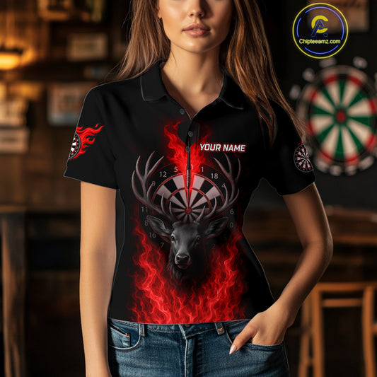 Custom Red Flames Dartboard Deer Funny Dart Women Polo Shirt Dart Team Jerseys NYN1633