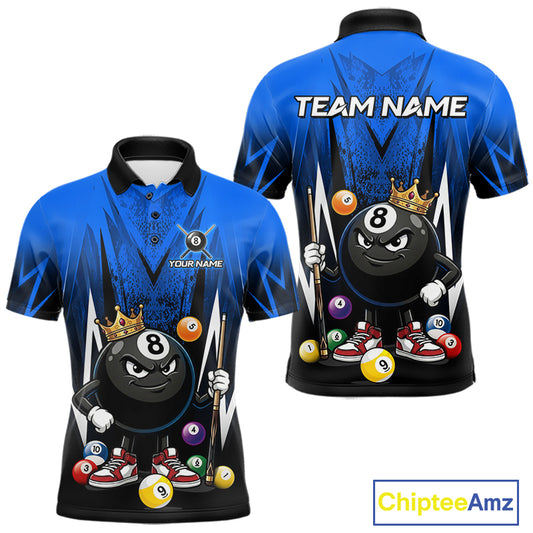 Black & Blue Funny Crown 8 Ball Billiard Shirt For Men Custom 8 Ball Pool Polo & 1/4 Zip Jersey NYN3788