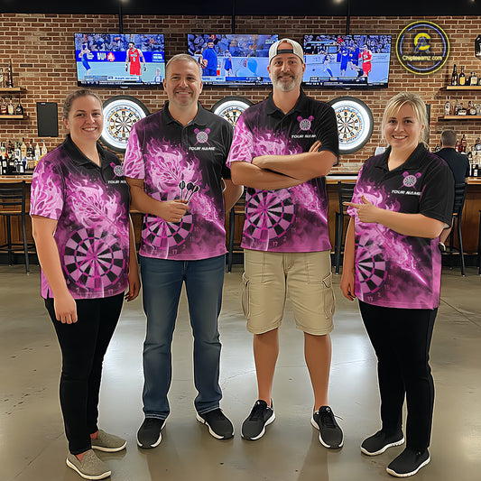 Custom Smoke Pink Fire Flaming Dart Arrow Men Darts Quarter-Zip League Shirts Dart Team Jerseys NYN2213