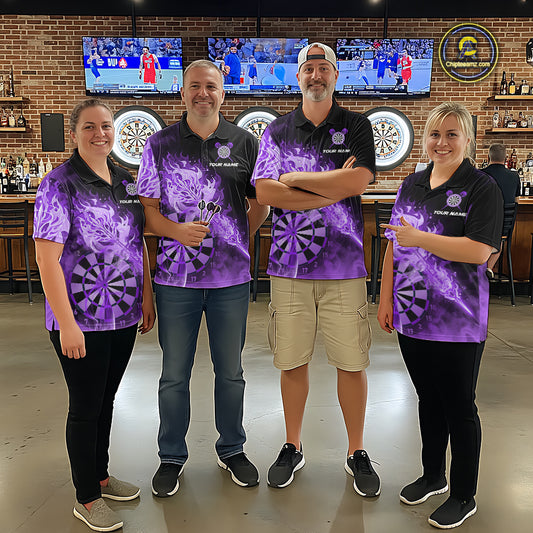 Custom Smoke Purple Fire Flaming Dart Arrow Men Darts Quarter-Zip League Shirts Dart Team Jerseys NYN2214