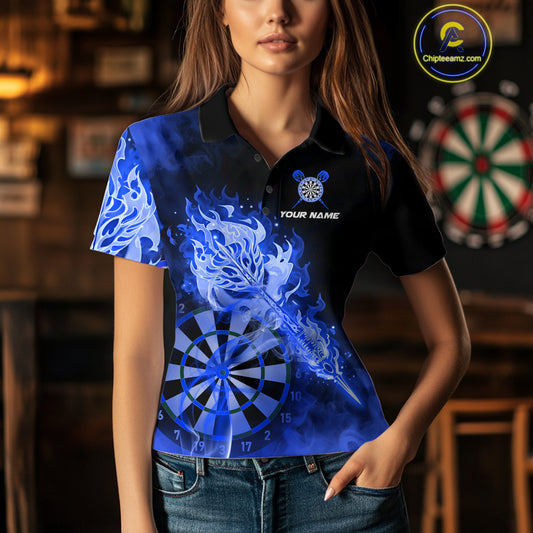 Custom Smoke Blue Fire Flaming Dart Arrow Women Darts Polo League Shirts Dart Team Jerseys NYN2215