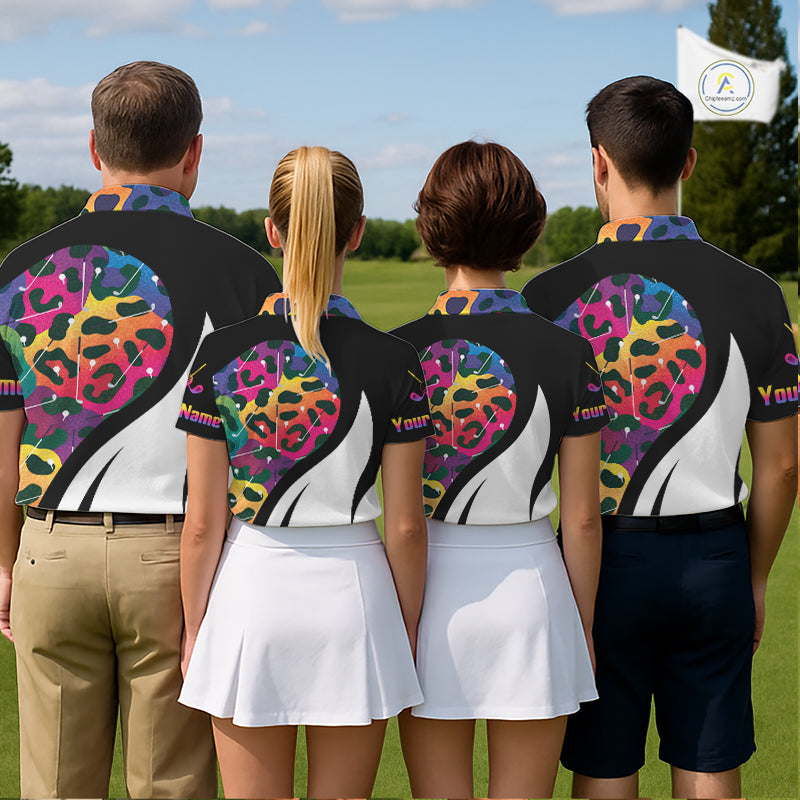 Golf team wearing matching Colorful Rainbow Leopard Golf Polo Shirts, personalized golf club uniforms, custom golf tournament apparel, golf outing shirts, team golf jerseys, animal print performance polos, golf league clothing.