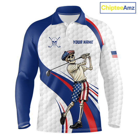 American Flag Golf Polo Shirts For Men Custom Skeleton Golfer Patriot Golf Team Clothing NYN3264