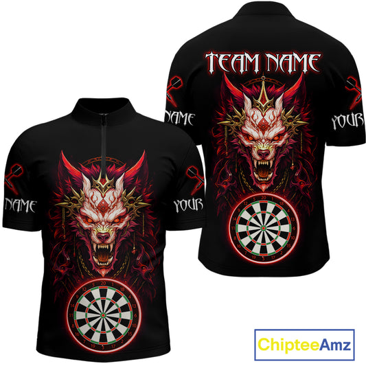 Red Vicious Wolf Ruler Dartboard Darts Shirt For Men - Custom Name & Team Jersey NYN0582