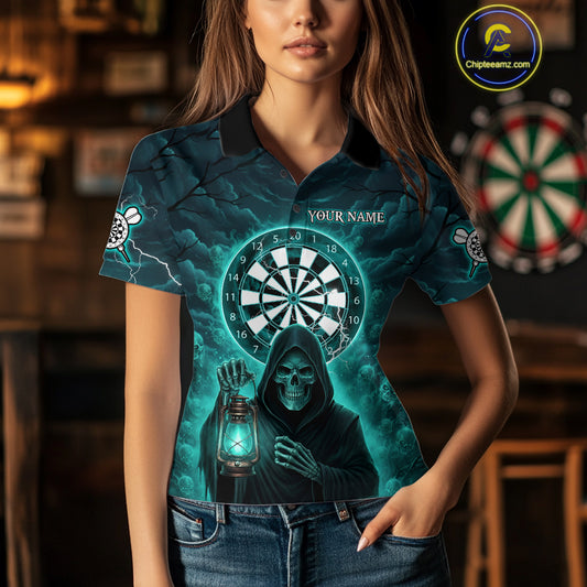 Teal Neon Grim Reaper Lightning Skull Darts League Shirt Custom Skull Women Darts Jersey NYN2036