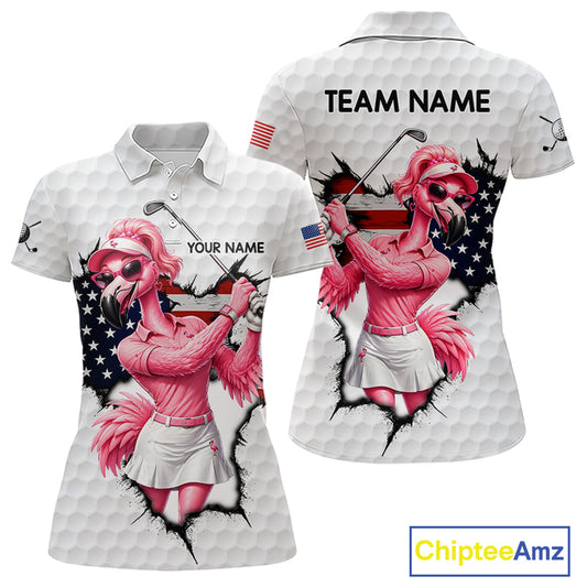 Personalized Funny Flamingo Ladies Golf White Womens Patriot Golf Polo Shirts Custom US Flag Golf Gifts NYN3149