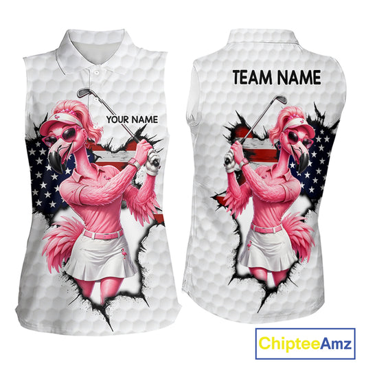 Funny Flamingo Ladies Golf White Womens Patriot Golf Sleeveless Polo Shirts Custom US Flag Golf Gifts NYN3149