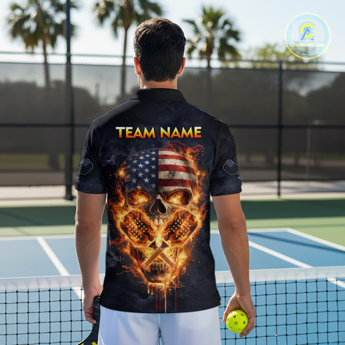 Custom US Flag Skull Fire Flame Pickleball Ball & Paddle T-Shirt Pickleball Jersey For Men NYN2579