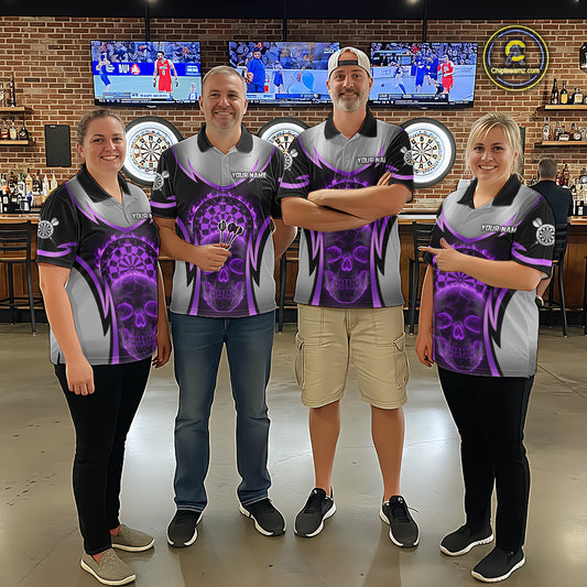 Silver Purple Flaming Skull Dartboard Men Darts Quarter-Zip Shirt Custom Team Dart League Jerseys NYN2070