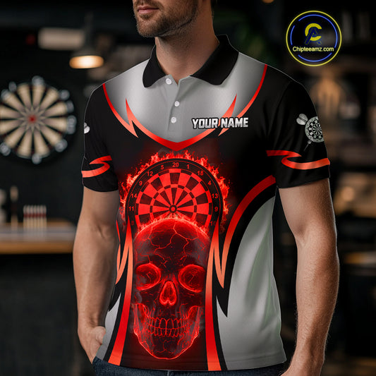 Silver Red Flaming Skull Dartboard Men Darts Polo Shirt Custom Team Dart League Jerseys NYN2071