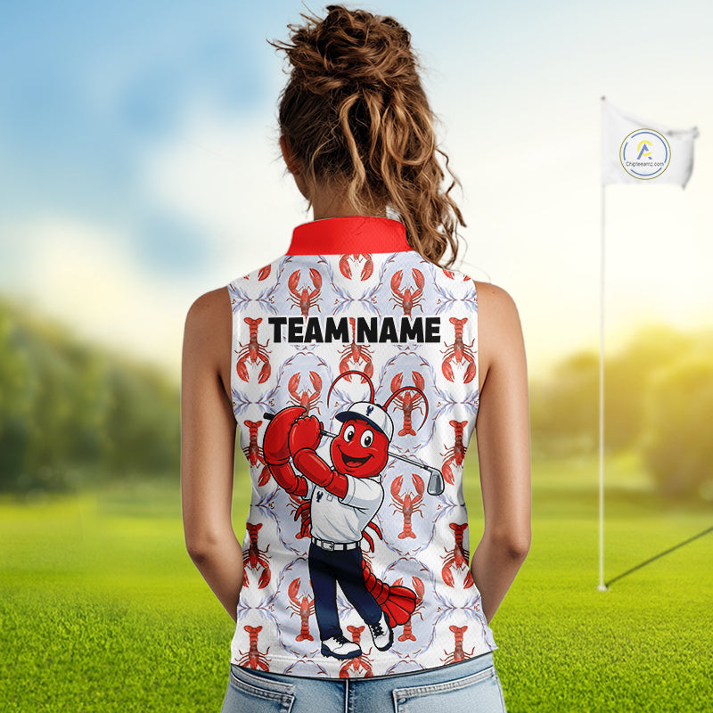 Female golfer wearing personalized Lobster golf polo, coastal golf fashion, golf vacation apparel, golf club uniform, summer golf outfit