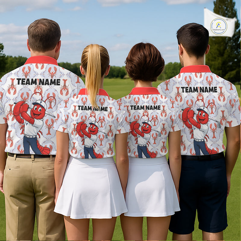 Custom Lobster golf team polo, beach golf trip, seafood festival, golf league, corporate golf event, lobster symbolizes strength, perseverance, prosperity, coastal lifestyle