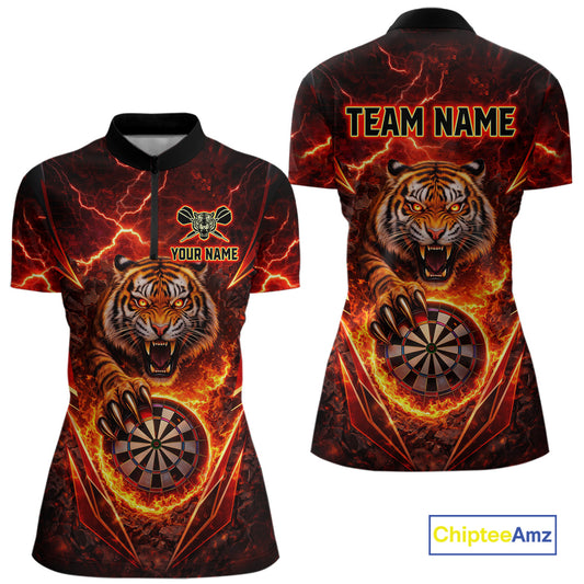 Red Flaming Tiger Thunder Dartboard Women Darts Quarter-Zip Shirt Custom Funny Darts Team Jersey NYN2610
