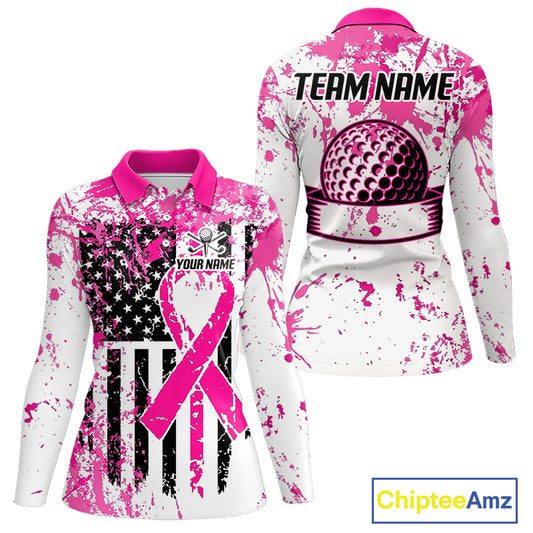 Pink American flag splatter womens golf polo breast cancer golf shirt