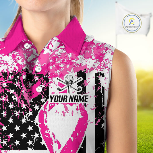 American Flag Splatter Pink Women Golf Sleeveless Polo Shirt Custom Breast Cancer Golf Team Outfits NYN3386