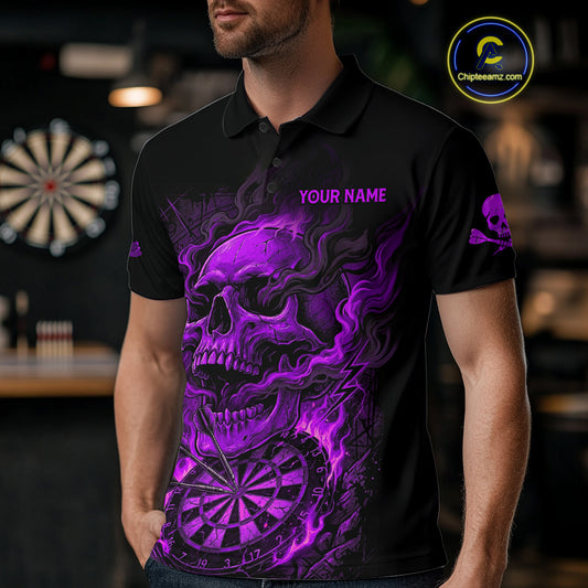 Fire Flame Skull Purple Grunge Dartboard Custom Dart Polo Shirt For Men Dart League Jerseys NYN2093