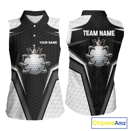 Custom Crown Claws Golf Ball Team Attire White And Black Golf Ball Sleeveless Polo Shirts For Women NYN3177