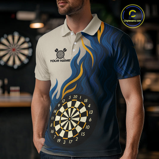 Custom Yellow - Blue Flames Dartboard Polo Dart Shirt For Men Outfits Dart Team Jerseys NYN1322