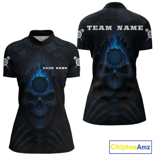 Blue Flaming Dartboard In Grim Reaper Women's Team Shirt - Custom Name For Darts Jersey NYN0514