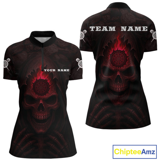Red Flaming Dartboard In Grim Reaper Women's Team Shirt - Custom Name For Darts Jersey NYN0515