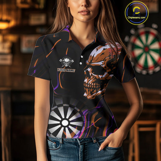 Custom Orange And Purple Skull Dartboard Polo Dart Shirts For Women Darts Team Jersey NYN1000