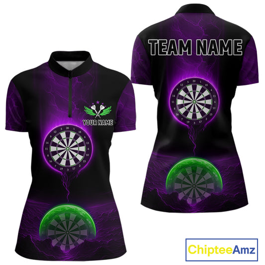 Custom Purple And Green Dartboard Dart Shirt For Women Outfits Polo & 1/4-Zip Darts Jersey NYN1041