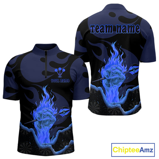 Custom Blue Flaming Dart Arrow Polo & 1/4-Zip Darts Shirts Outfit Darts Jersey For Men NYN1051