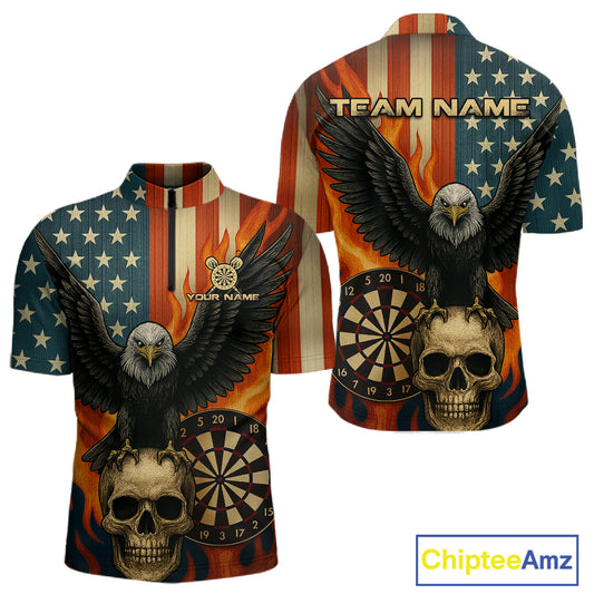 Custom Men's US Flag Patriotic Darts Shirt Flame Eagle Retro Dart Jerseys, Darts Team NYN1128