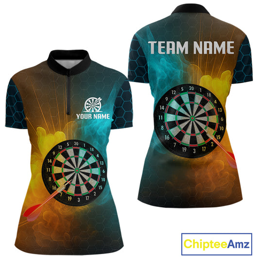 Turquoise & Yellow Smoke Dartboard Darts Shirt For Women - Custom Name & Team Jersey NYN0587