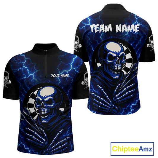 Thunder Lightning Skeleton Dartboard Blue Darts Shirt For Men - Custom Name & Team NYN0591