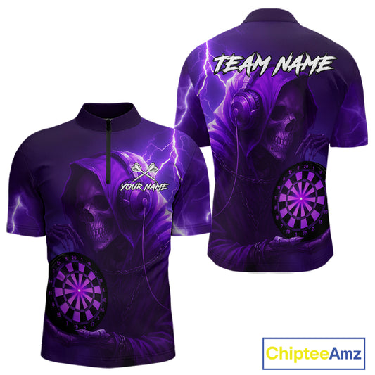 Custom Funny Skull Darts Shirt For Men Personalized Purple Dartboard Dart Team Jerseys NYN1159
