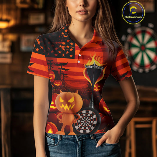 Pumpkin Play Darts Custom Halloween Dart Polo Shirts For Women, Funny Dart Jerseys NYN0807